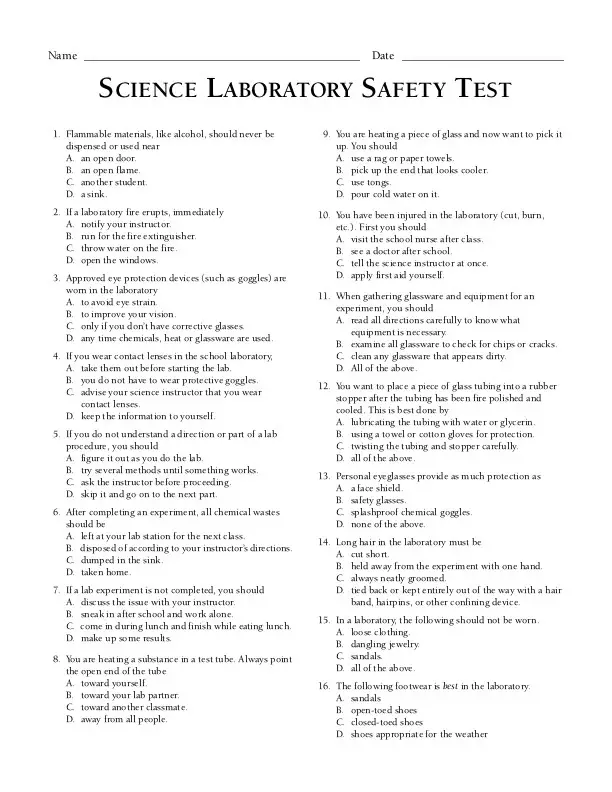 Science Laboratory Safety Test  BIOLOGY JUNCTION